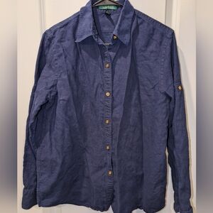 Ralph Lauren Classics women's blue linen button-front shirt with roll-tab